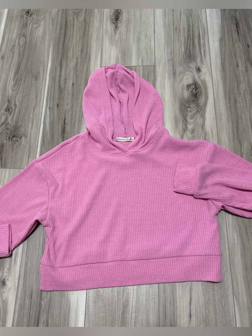 Zenana Pink Ribbed Cropped Hoodie – Size Small